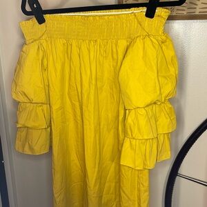 Off the shoulder, yellow dress with ruffle sleeves. blaShe, large
